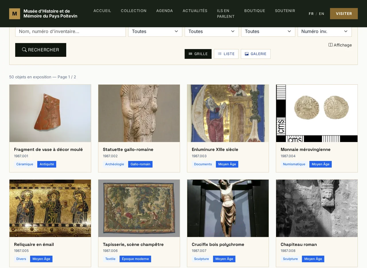 Portail public d'un musée sous Museo : navigation vers la collection, l'agenda, les actualités, la boutique et les dons, moteur de recherche avec filtres par catégorie et période, et fiches d'objets avec leur numéro d'inventaire.